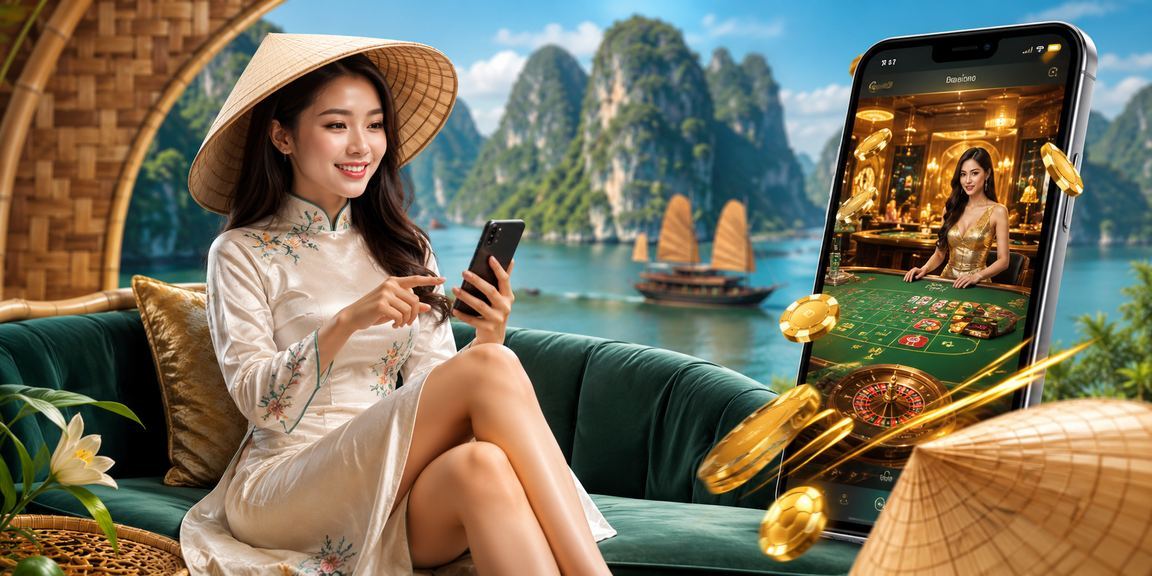 Người dùng dùng ứng dụng casino trên điện thoại gần vịnh Hạ Long với nón lá truyền thống