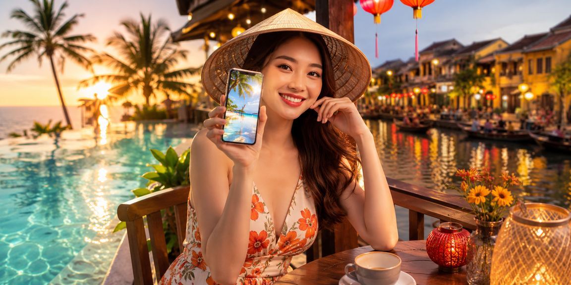 Người dùng Hội An xem khuyến mãi 478 trên điện thoại trong quán cà phê buổi sáng