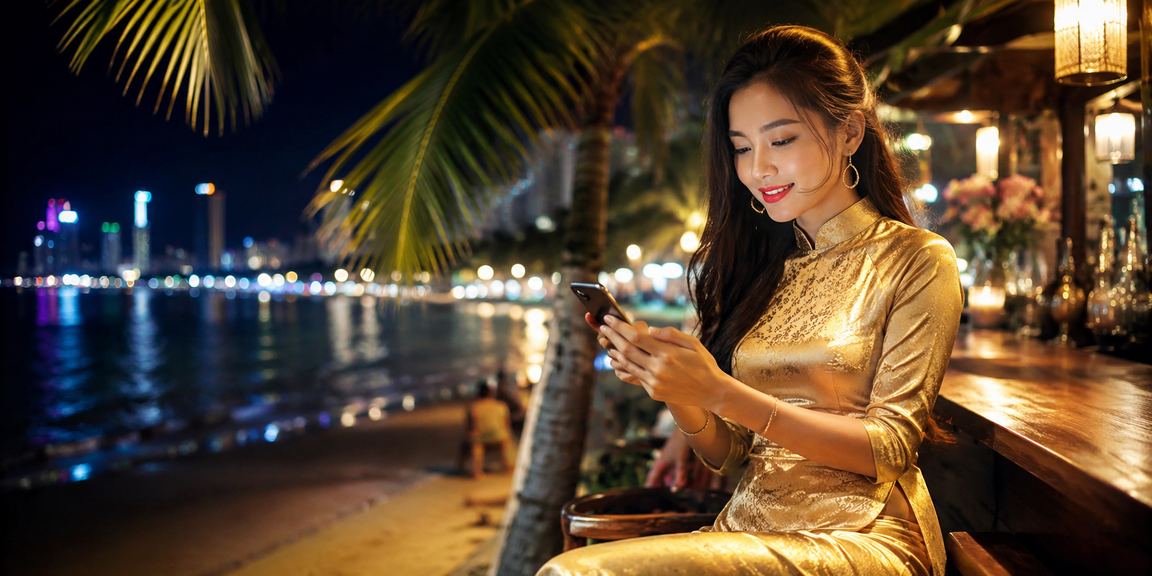 Phụ nữ Nha Trang mặc áo dài kiểm tra kết quả cược thể thao trên điện thoại bên bờ biển